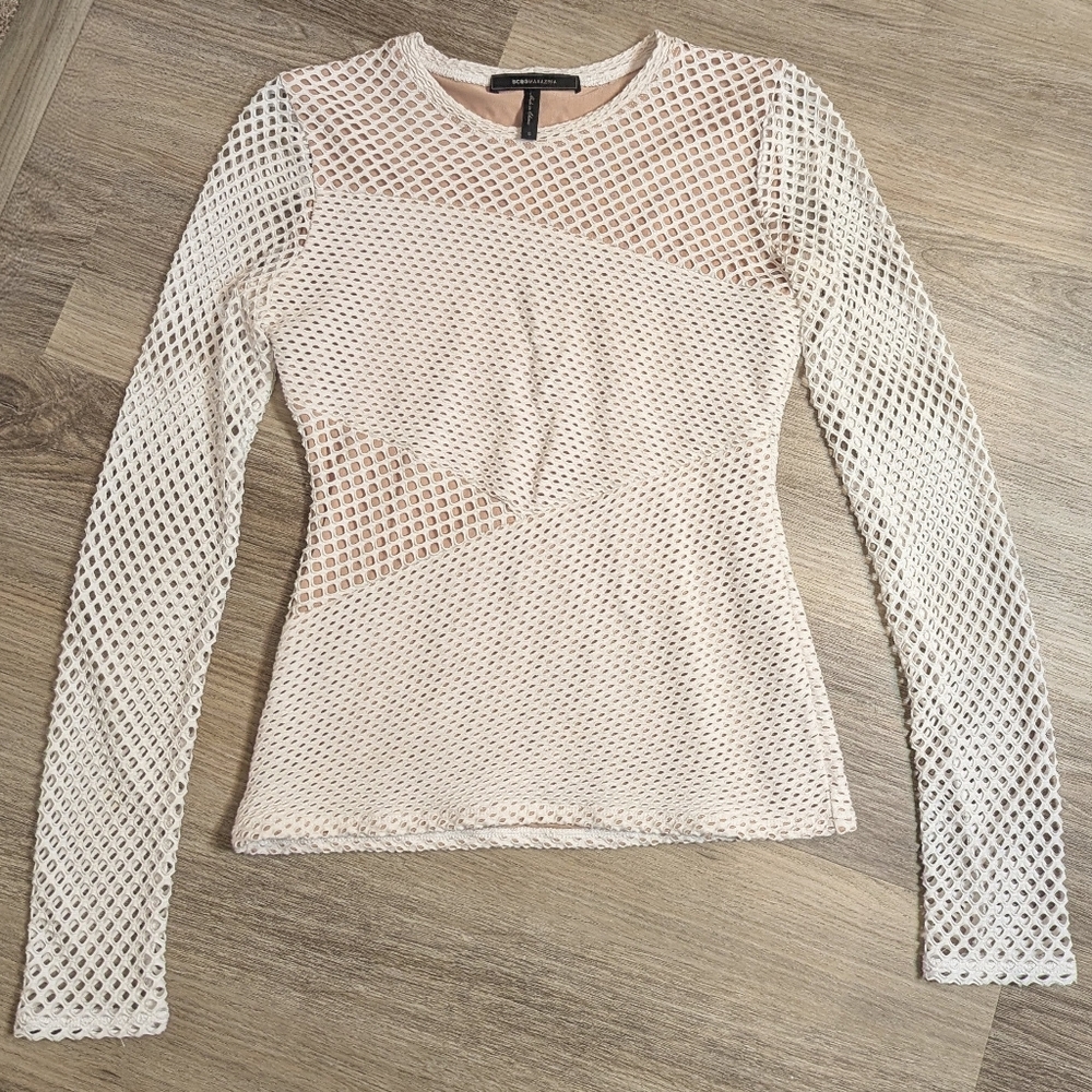 BCBG Max Azria White Mesh Long Sleeve Top with Nude Lining | Geometric Panels |
